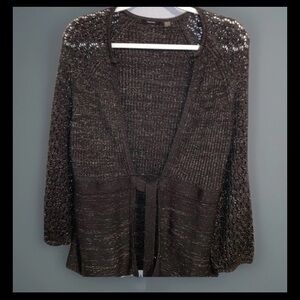 Tahari Charcoal Gray Metallic Knit Front Tie Cardigan Sweater Sz M Boho Fall